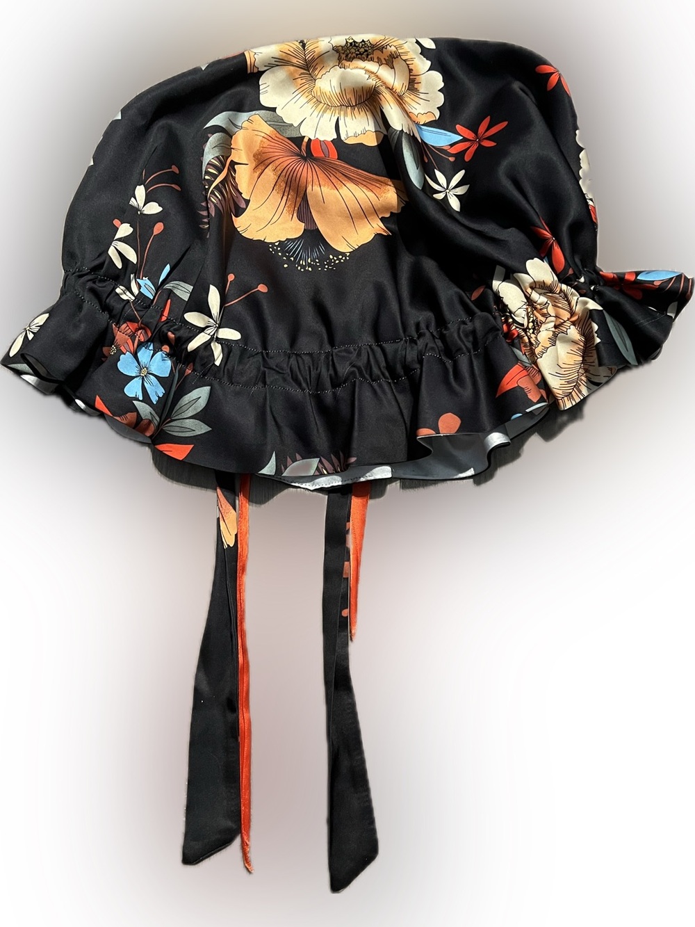 🍄 Women Floral Black Satin Sleep Cap Bonnet Elastic 2 Adjustable Ties  Bonnets